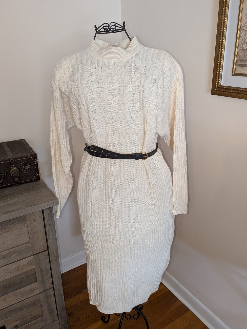 Vintage Maggie Lawrence Pearl Cable Knit Turtleneck Sweater Dress L